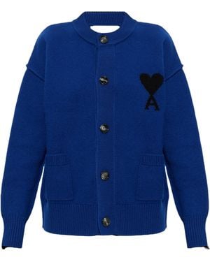Ami Paris Ami Heart Logo Button Cardigan - Blue