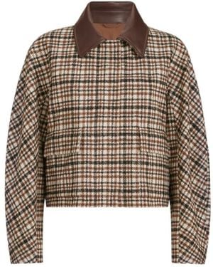 Brunello Cucinelli Comfort Checked Wool And Alpaca Outerwear Jacket With Leather-Collar And Monili - Brown