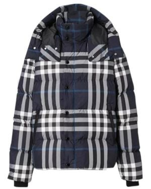 Burberry Checked Hooded Puffer Jacket - Blue