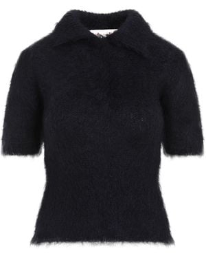 Marni Short Sleeved Brushed Knitted Polo Top - Black