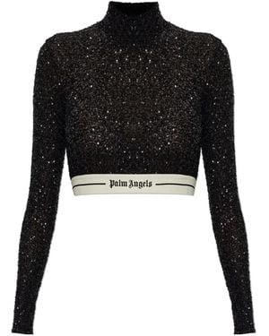 Palm Angels Sequined Long-Sleeve Crop Top - Black