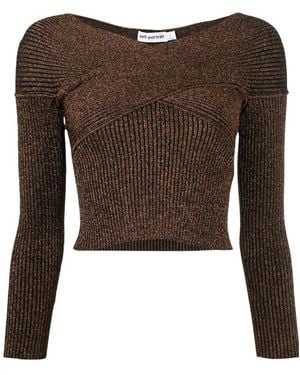 Self-Portrait Off-Shoulder Knitted Long Sleeved Top - Brown
