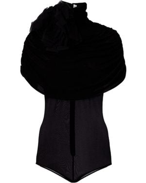 Magda Butrym Floral Appliqué Shawl-Style Bodysuit - Black
