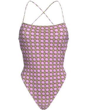Tory Burch Logo-Print One-Piece Swimsuits - Red