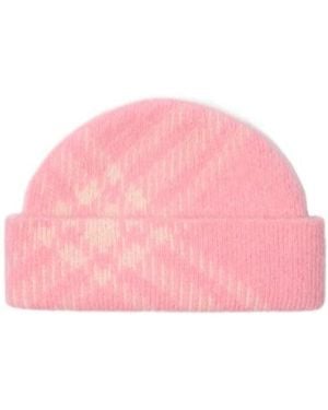 Burberry Check Mohair Wool Blend Beanie - Pink