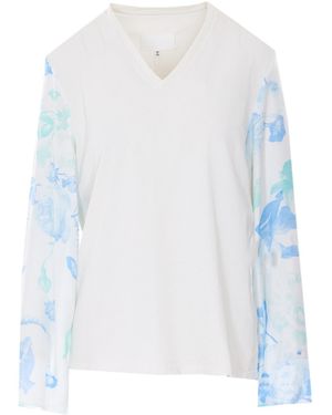 Maison Margiela Floral-Sleeve V-Neck T-Shirt - White