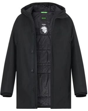BOSS Logo Patch Hooded Coat - Black