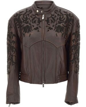 JACQUES WEI Leather Jacket With Floral Embroidery - Black