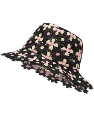 Fendi Crochet-Knit Floral-Pattern Bucket Hat - Black