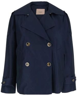 Twinset Cropped Double-Breasted Trench Coat - Blue