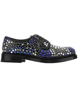 Prada Brushed Leather Derby Shoes With Studs And Rhinestones - Blue