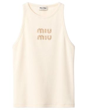 Miu Miu Logo-Embellished Ribbed Sleeveless Top - Natural