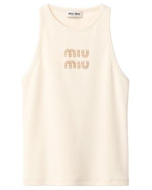 Miu Miu Logo-Embellished Ribbed Sleeveless Top - Natural