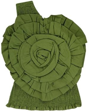 FARM Rio Ruffled One-Shoulder Top - Green
