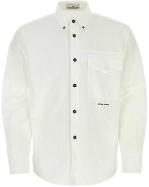Stone Island Logo-Print Cotton Linen Shirt - White