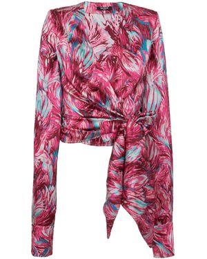 Balmain Silk Feather Print Wrap Blouse - Pink