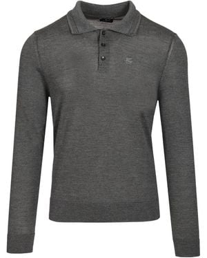 Etro Logo-Embroidered Long-Sleeve Polo Shirt - Grey