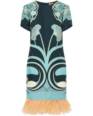 La DoubleJ Swing Printed Feather-Trimmed Silk-Twill Mini Dress - Green