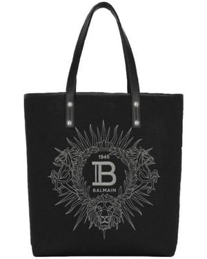 Balmain Varsity Monogrammed Canvas And Leather Tote Bag - Black