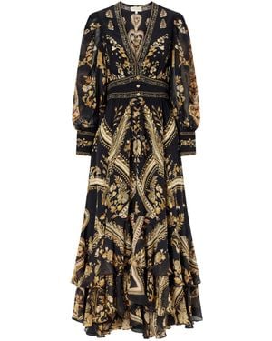 CAMILLA Embroidered Printed Silk-Crepe Maxi Dress - Black