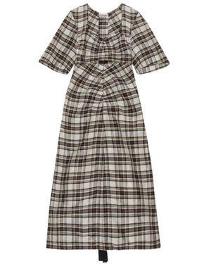 Ganni Ruched Plaid Cut Out Midi Dress - White