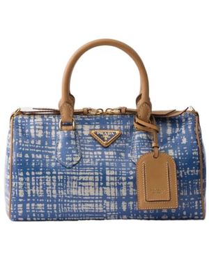 Prada Small Linen Blend And Leather Top-Handle Bag - Blue