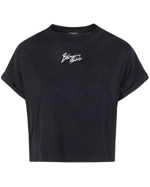 Balmain Logo Embroidered Cropped T-Shirt - Blue