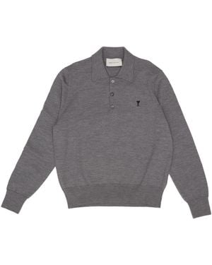 Ami Paris Long-Sleeve Knitted Polo Shirt - Grey