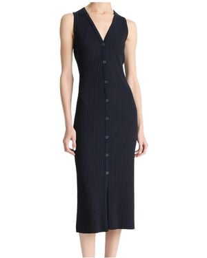 Vince Ribbed Cotton-Blend Button-Front Dress - Blue