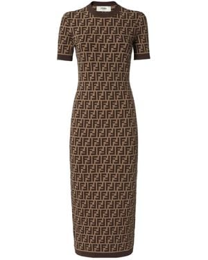 Fendi Ff Jacquard Fitted Midi Dress - Brown