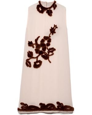 Prada Silk Shearling-Appliqué Midi Dress - Natural