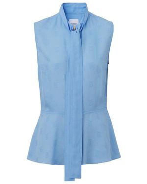 Burberry Logo Jacquard Satin Sleeveless Shirt - Blue