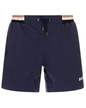 BOSS Logo-Print Drawstring Swim Shorts - Blue