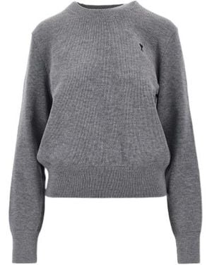Ami Paris Ami Logo Crew Neck Knitted Sweater - Gray