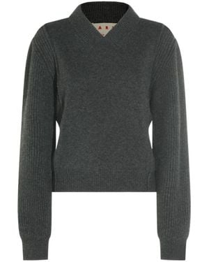 Marni Ribbed V-Neck Ribbed Jumper - Grey