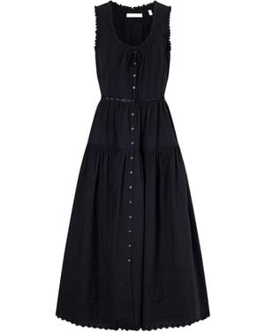 Doen Pintucked Embroidered Organic Cotton Midi Dress - Black