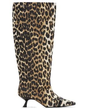 Ganni Leopard Print Pointed-Toe Knee-Length Boots - White