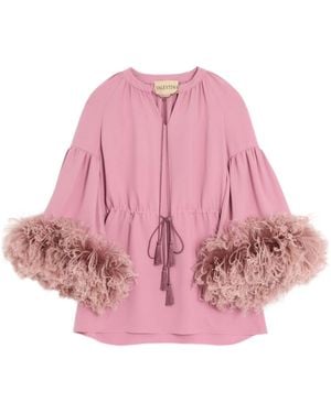 Valentino Cady Couture V-Neck Feather-Trim Dress - Pink