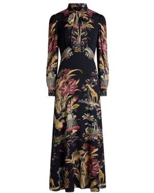 Etro Long Dress With Silk Scarf And Placed Flower And Animal Print - Black