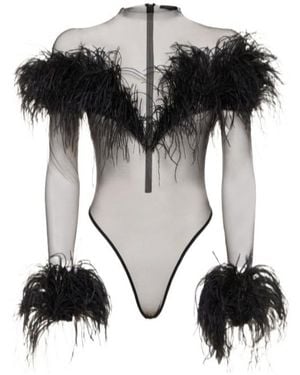 Mugler Feathered Long-Sleeve Jumpsuit - Black