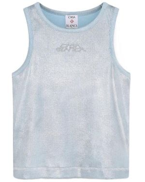 CASABLANCA Logo Embroidered Ribbed Sleeveless Top - Blue
