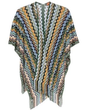 Missoni Zigzag-Knit Fringed Poncho - Green