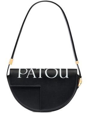 Patou Logo Print Fold-Over Top Shoulder Bag - Black