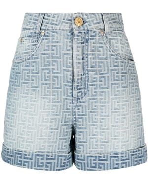 Balmain Monogrammed High-Waist Shorts - Blue