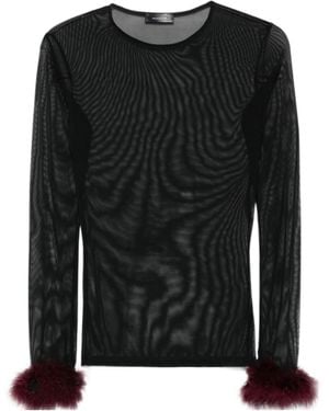 Mugler Mesh-Panel Feather-Cuff Top - Black