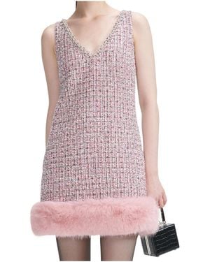 Self-Portrait Boucle Fur Hem Mini Dress - Pink