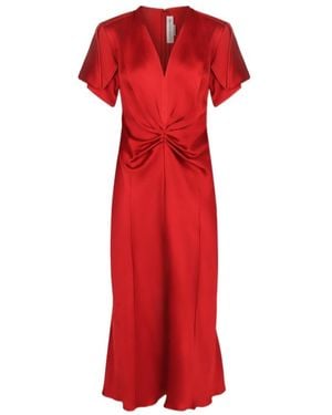 Victoria Beckham Pleated V-Neck Midi Dress - Red