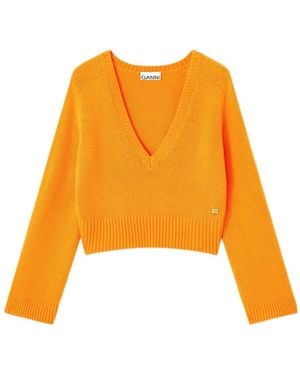 Ganni Long-Sleeved V-Neck Jumper - Orange