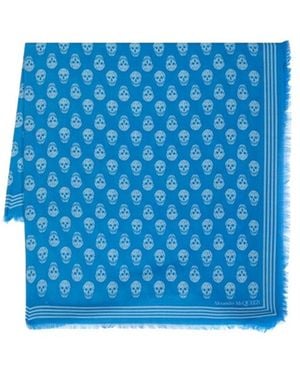McQueen Skull-Printed Fringed Scarf - Blue
