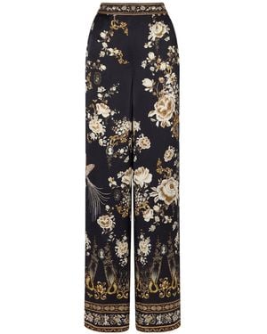 CAMILLA Embellished Embroidered Printed Silk-Satin Trousers - Black